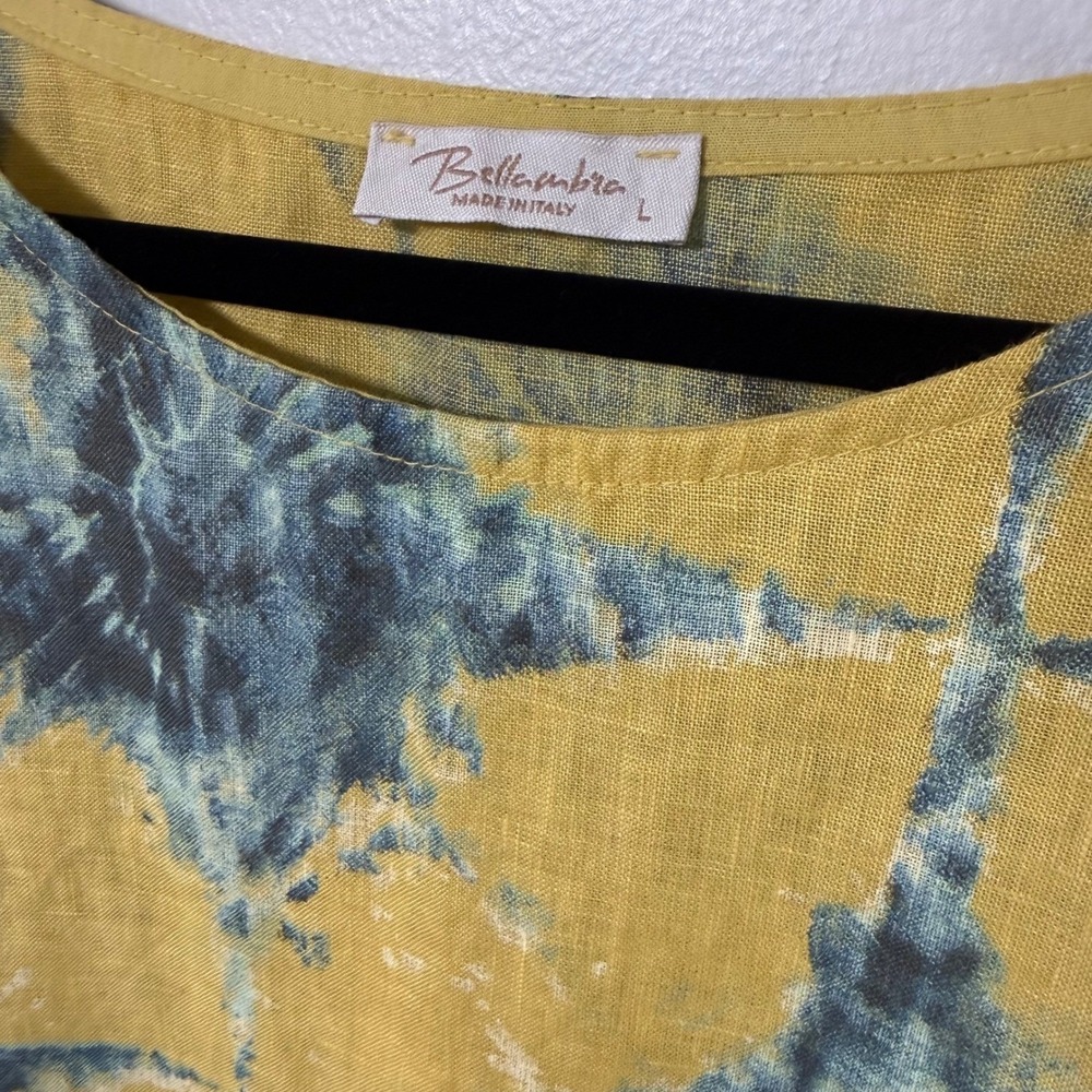 Bellambra Made in Italy 100% Linen Top Mustard Teal Shibori Print Womens Large - Picture 2 of 11